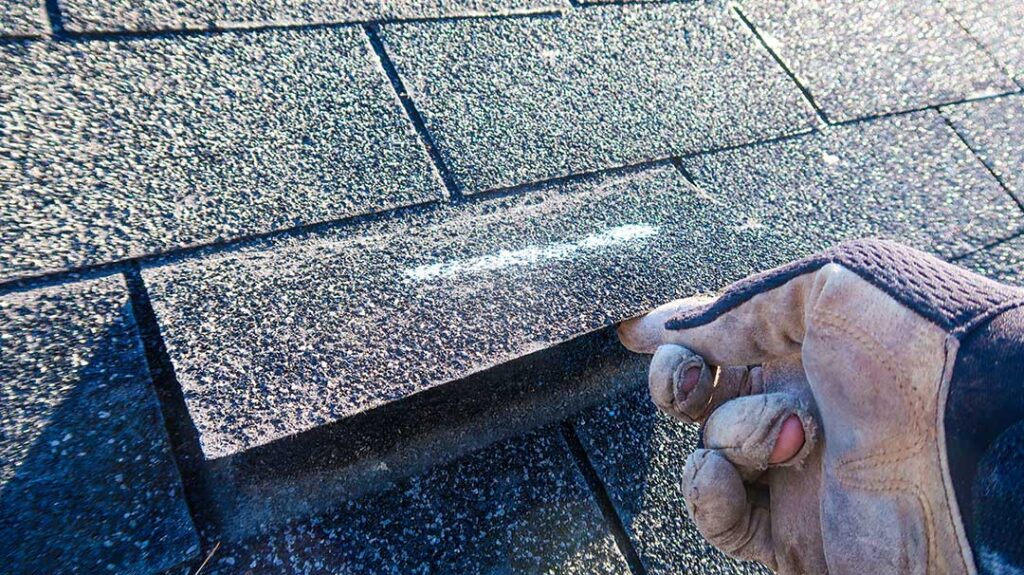 Homeowner inspecting roof shingles from a stable ladder while wearing gloves and eye protection.