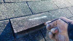 Homeowner inspecting roof shingles from a stable ladder while wearing gloves and eye protection.