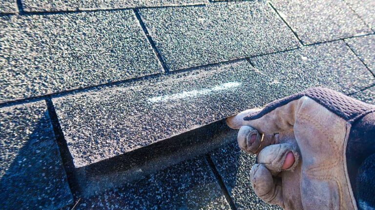 Homeowner inspecting roof shingles from a stable ladder while wearing gloves and eye protection.