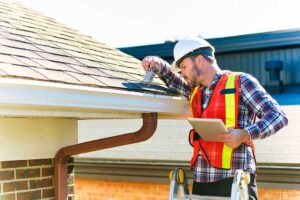 Roofing workers inspect exposed roof decking beside stacked shingles on a residential home.