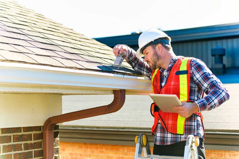 Roofing workers inspect exposed roof decking beside stacked shingles on a residential home.